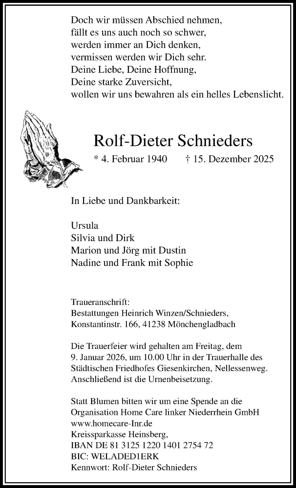  Traueranzeige für Rolf-Dieter Schnieders vom 04.01.2026 aus trauer.panorama-anzeigenblatt.de