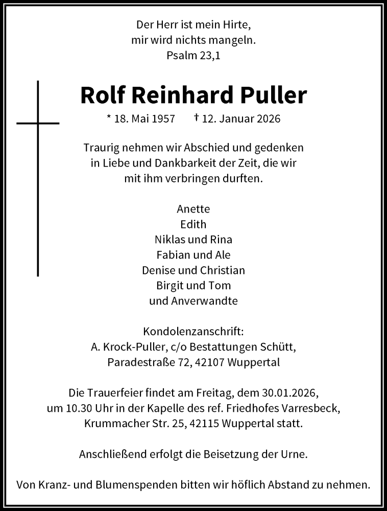  Traueranzeige für Rolf Reinhard Puller vom 24.01.2026 aus trauer.wuppertaler-rundschau.de