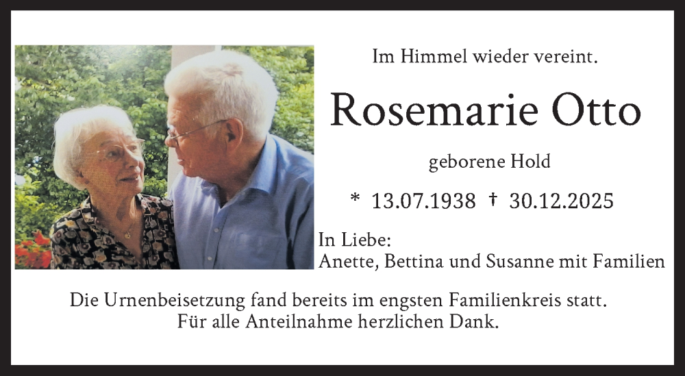  Traueranzeige für Rosemarie Otto vom 10.01.2026 aus trauer.wuppertaler-rundschau.de