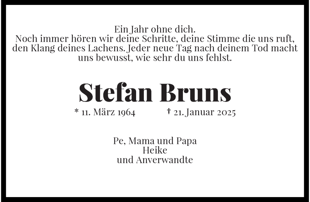  Traueranzeige für Stefan Bruns vom 25.01.2026 aus trauer.panorama-anzeigenblatt.de
