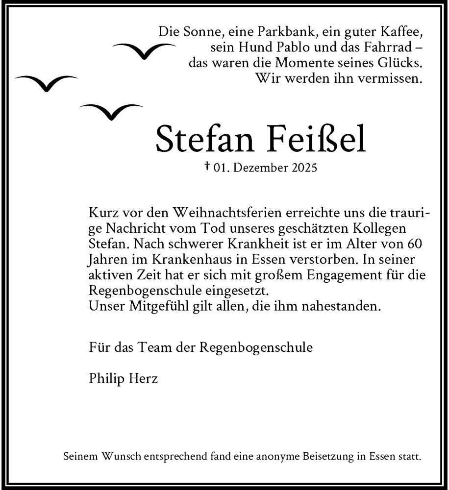  Traueranzeige für Stefan Feißel vom 11.01.2026 aus trauer.panorama-anzeigenblatt.de