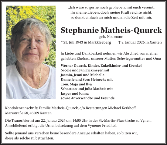 Traueranzeige von Stephanie Matheis-Quurck von trauer.panorama-anzeigenblatt.de