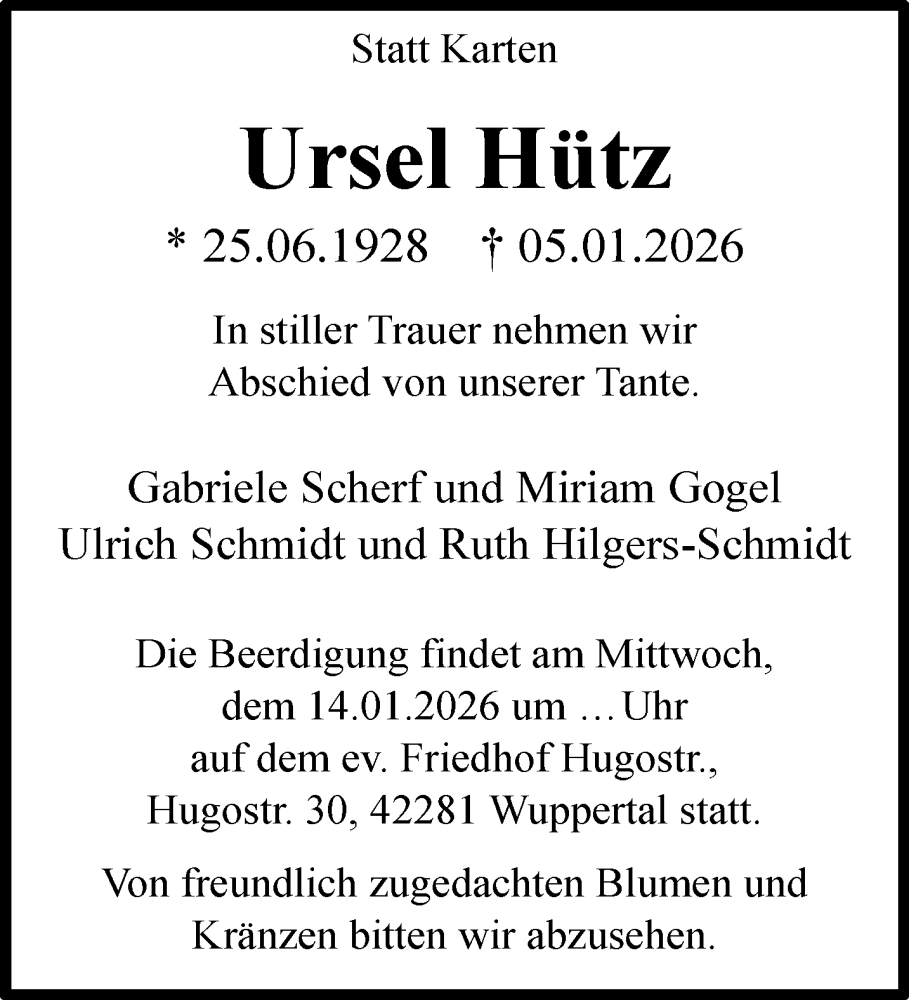  Traueranzeige für Ursel Hütz vom 10.01.2026 aus trauer.wuppertaler-rundschau.de
