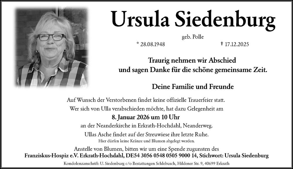  Traueranzeige für Ursula Siedenburg vom 02.01.2026 aus trauer.panorama-anzeigenblatt.de