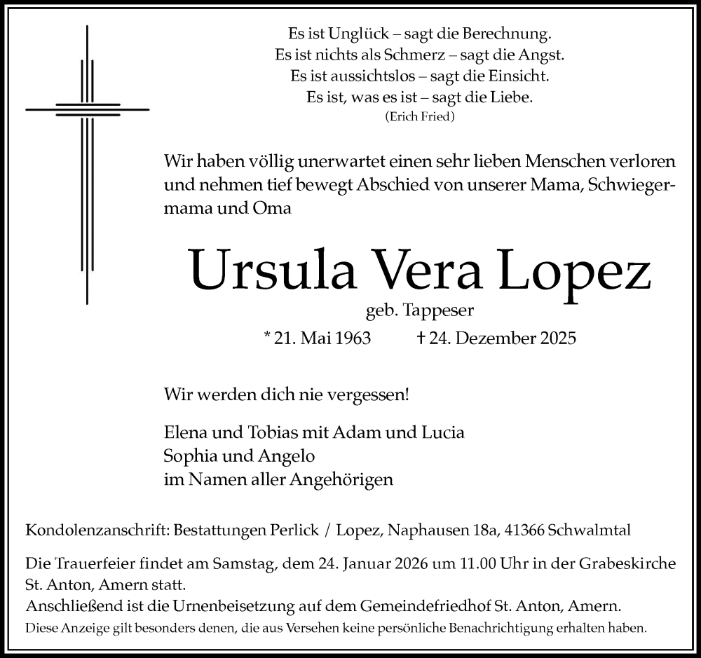 Traueranzeige für Ursula Vera Lopez vom 18.01.2026 aus trauer.panorama-anzeigenblatt.de