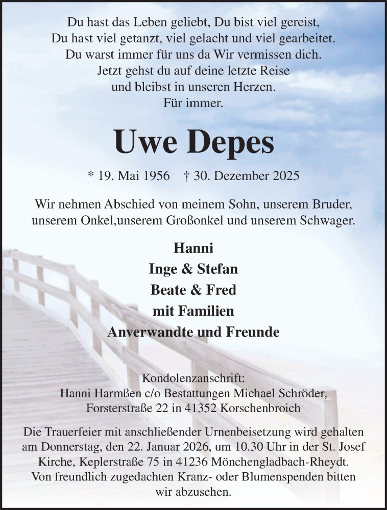  Traueranzeige für Uwe Depes vom 11.01.2026 aus trauer.panorama-anzeigenblatt.de