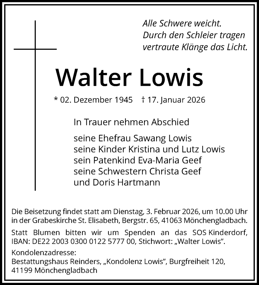  Traueranzeige für Walter Lowis vom 25.01.2026 aus trauer.panorama-anzeigenblatt.de