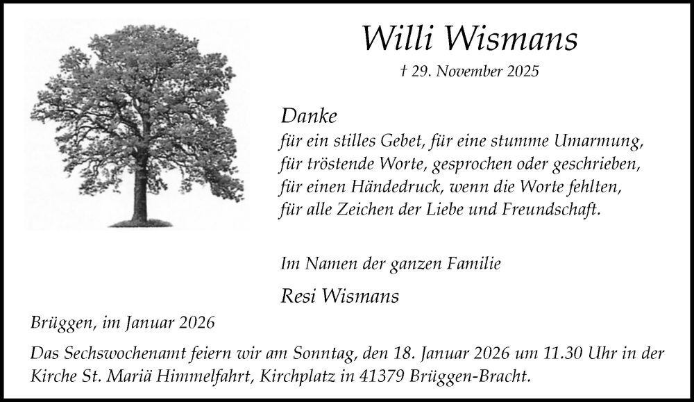  Traueranzeige für Willi Wismans vom 11.01.2026 aus trauer.panorama-anzeigenblatt.de