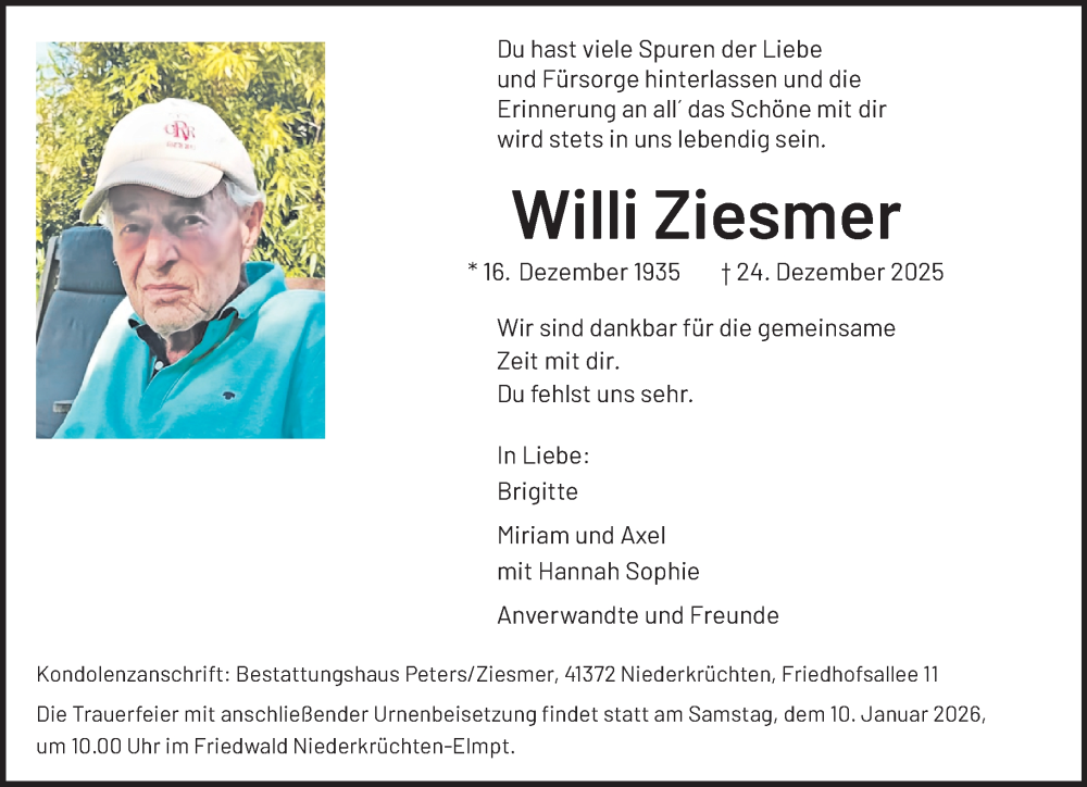  Traueranzeige für Willi Ziesmer vom 04.01.2026 aus trauer.panorama-anzeigenblatt.de