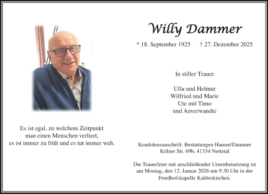 Traueranzeige von Willy Dammer von trauer.panorama-anzeigenblatt.de