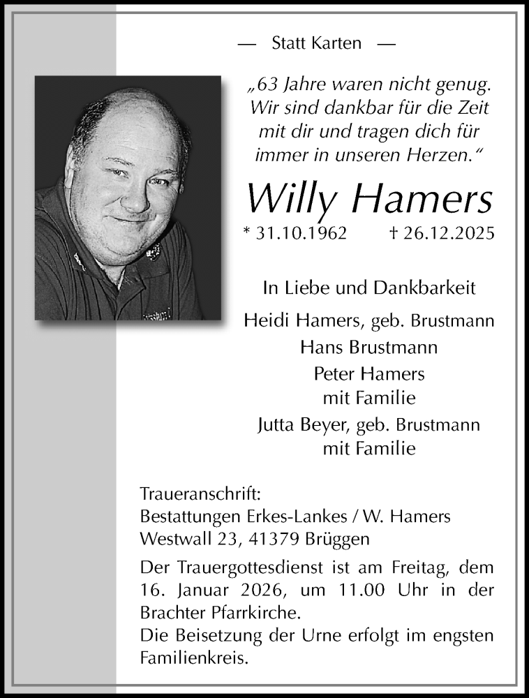  Traueranzeige für Willy Hamers vom 11.01.2026 aus trauer.panorama-anzeigenblatt.de