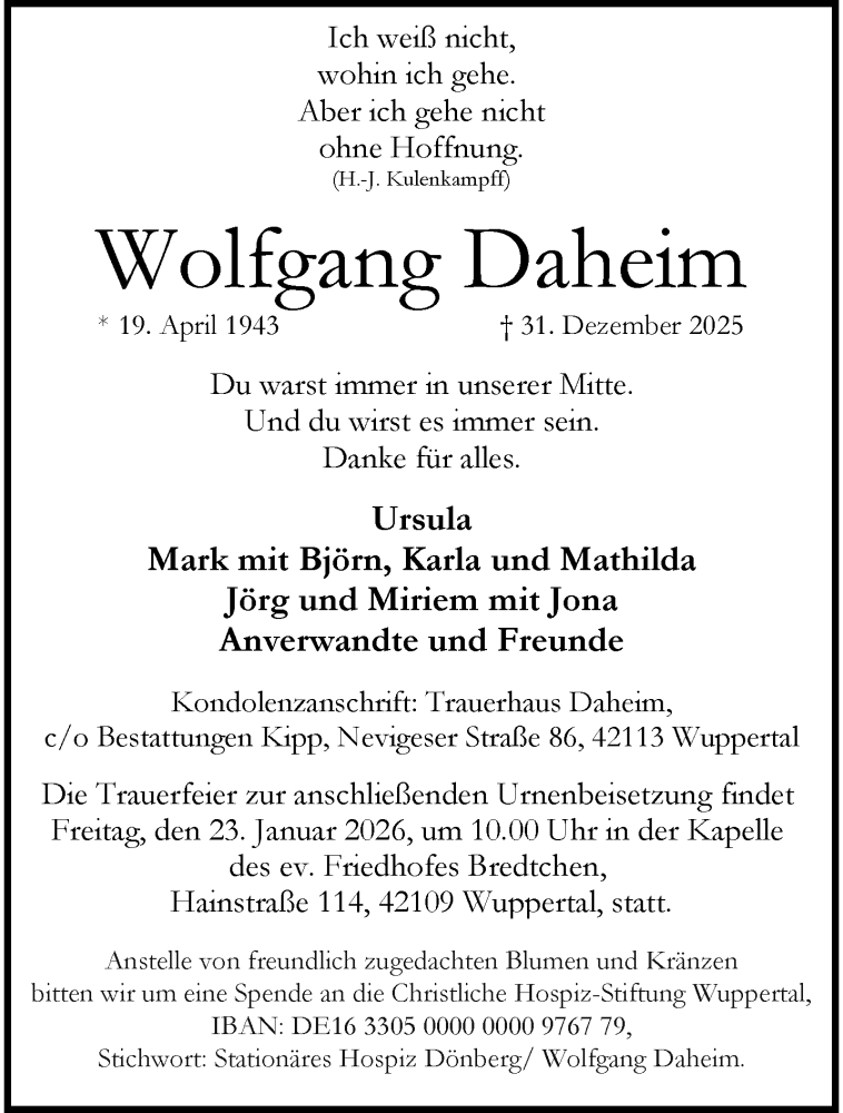  Traueranzeige für Wolfgang Daheim vom 10.01.2026 aus trauer.wuppertaler-rundschau.de