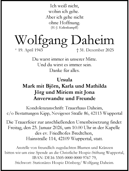 Traueranzeige von Wolfgang Daheim von trauer.wuppertaler-rundschau.de